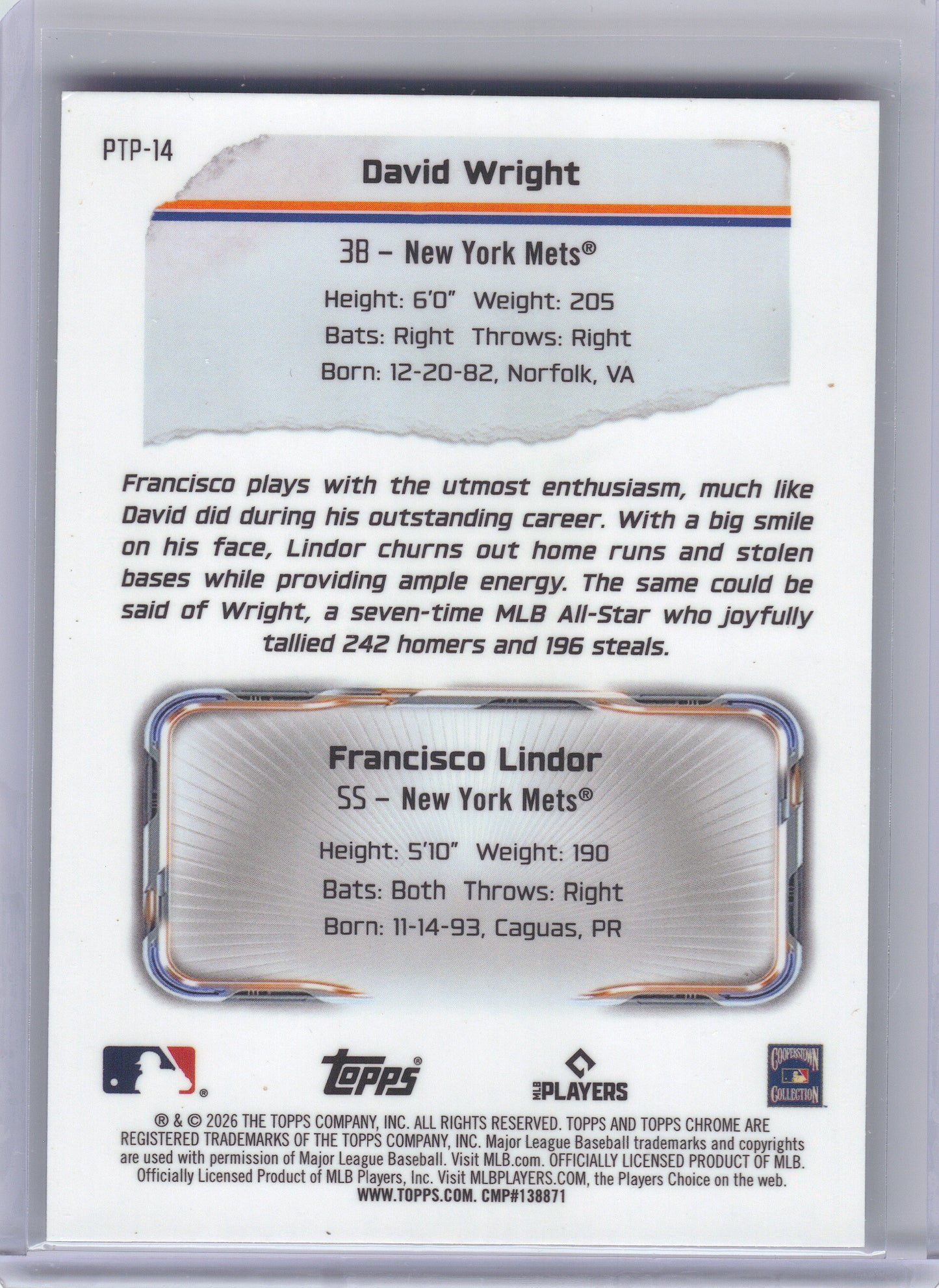 2026 Topps Chrome #PTP-14 Francisco Lindor / David Wright Past to Present New York Mets