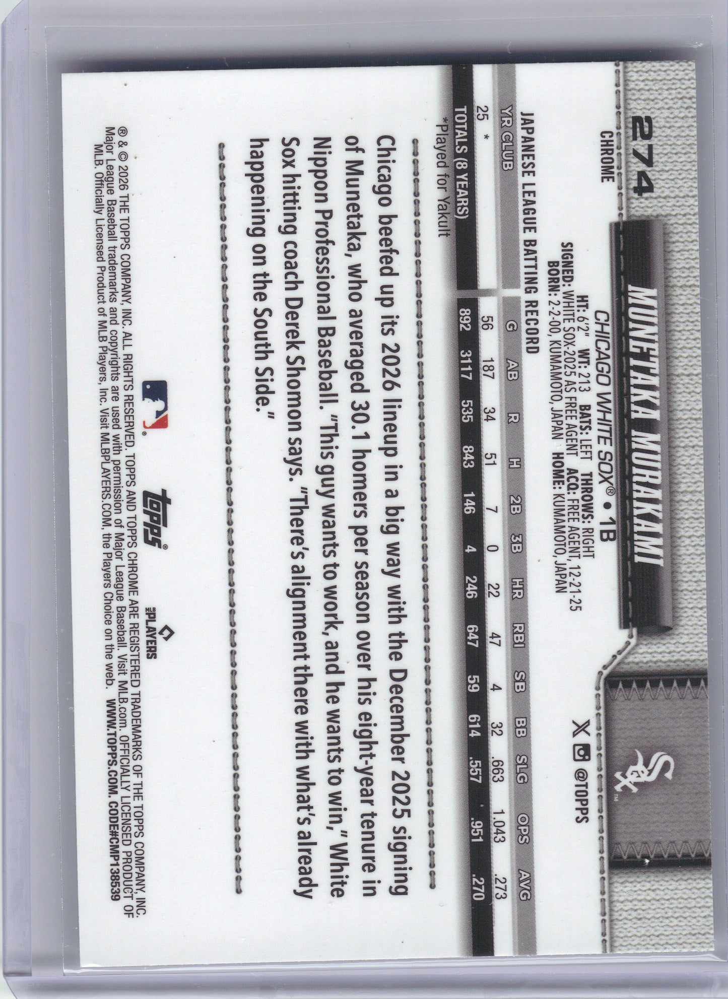 2026 Topps Chrome #274 Munetaka Murakami X-Fractors Chicago White Sox RC