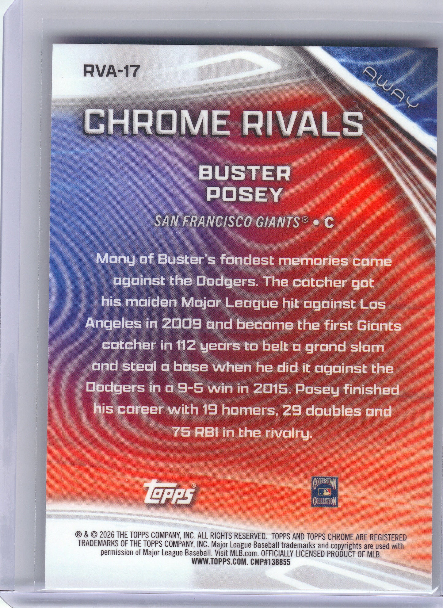 2026 Topps Chrome #RVA-17 Buster Posey Chrome Rivals Away San Francisco Giants