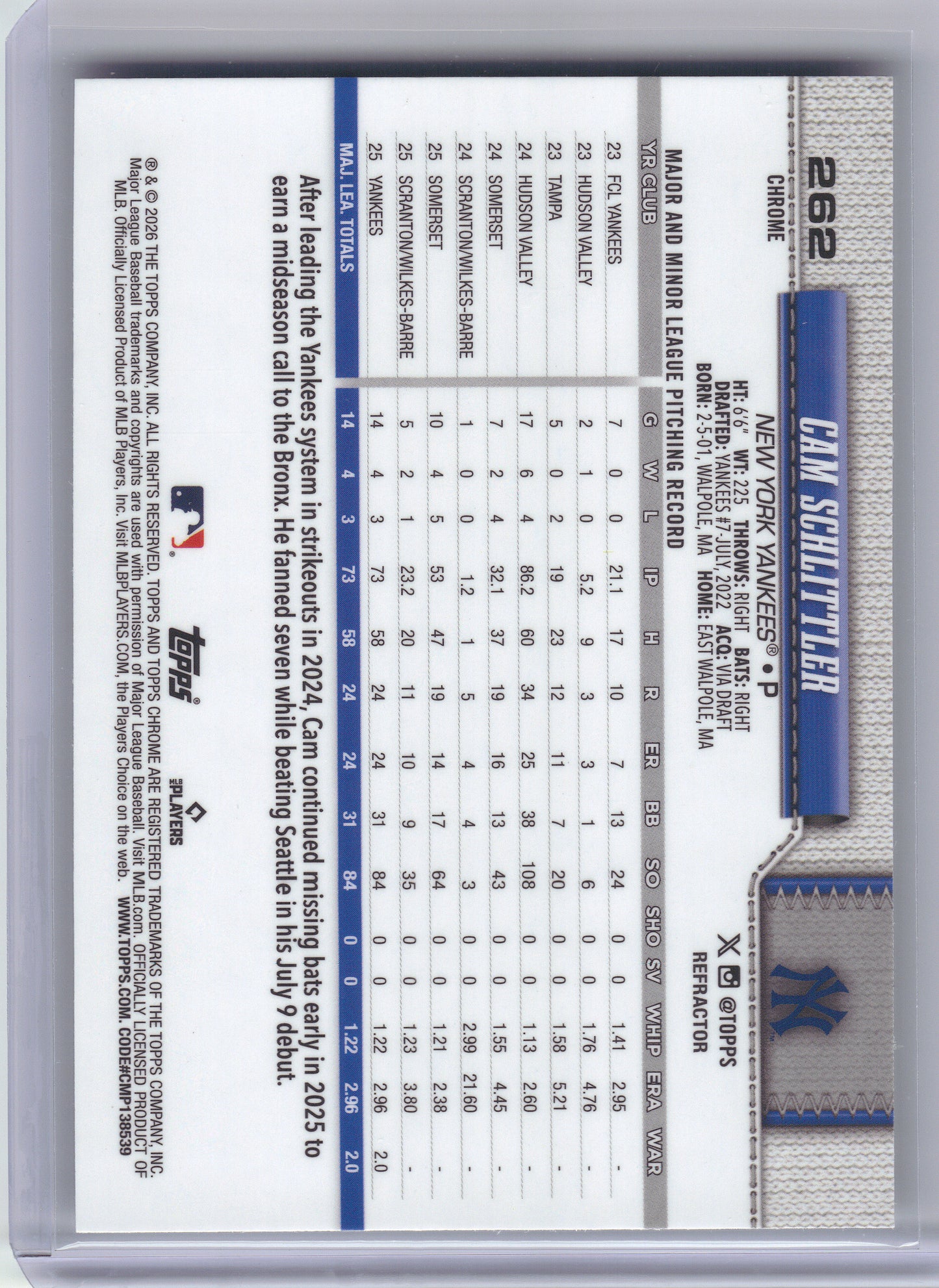 2026 Topps Chrome #262 Cam Schlittler Refractors New York Yankees RC