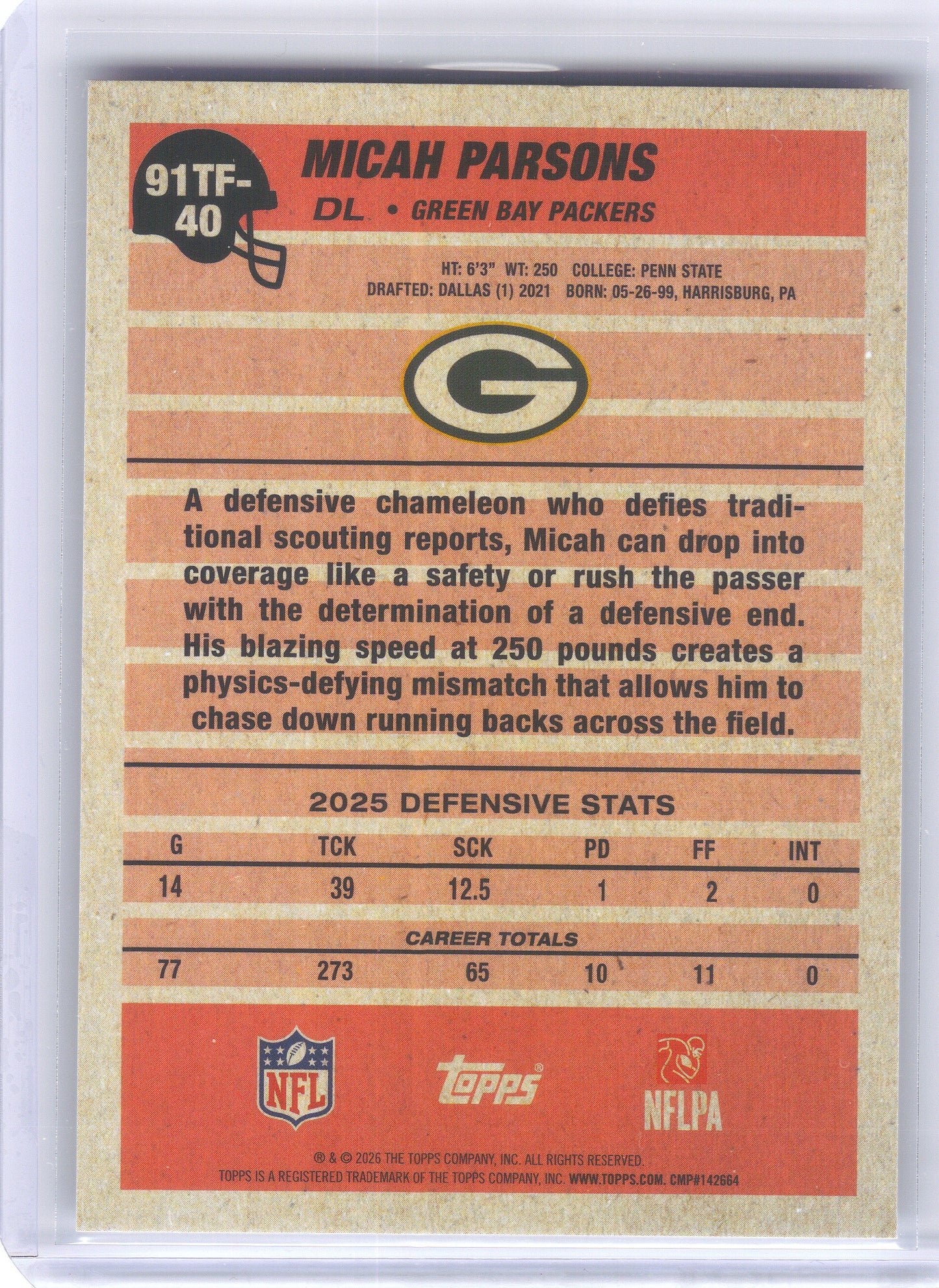 2026 Topps Flagship #91TF-40 Micah Parsons 1991 Topps Flagship Football Green Bay Packers
