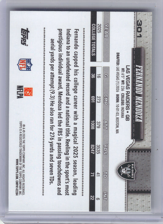 2026 Topps Flagship #301 Fernando Mendoza Las Vegas Raiders