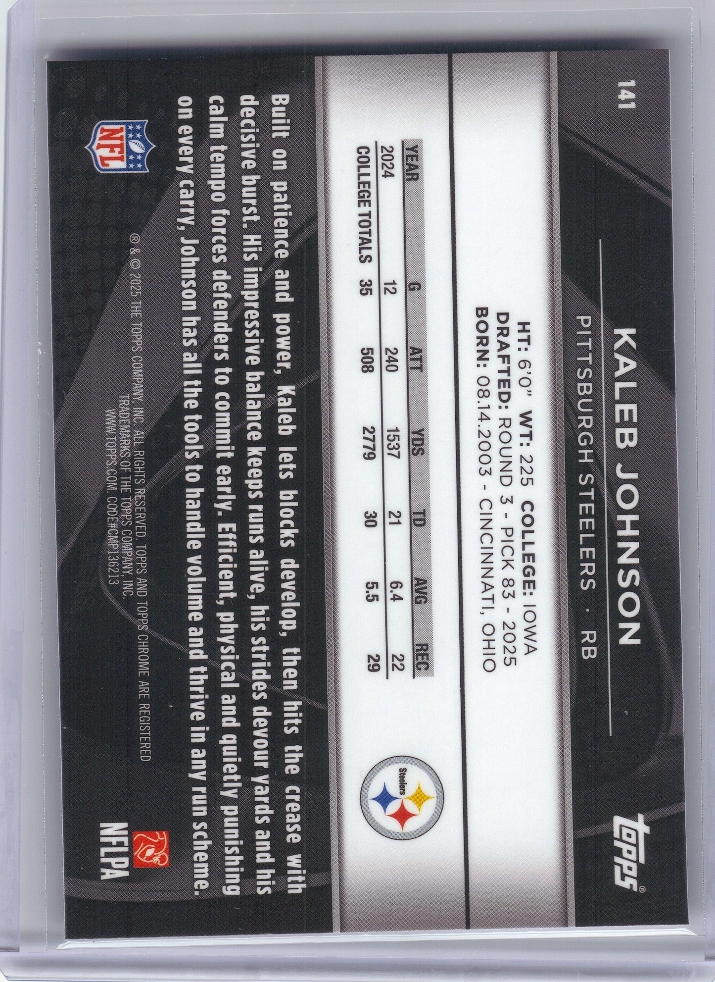 2025 Topps Chrome Black #141 Kaleb Johnson Pittsburgh Steelers RC