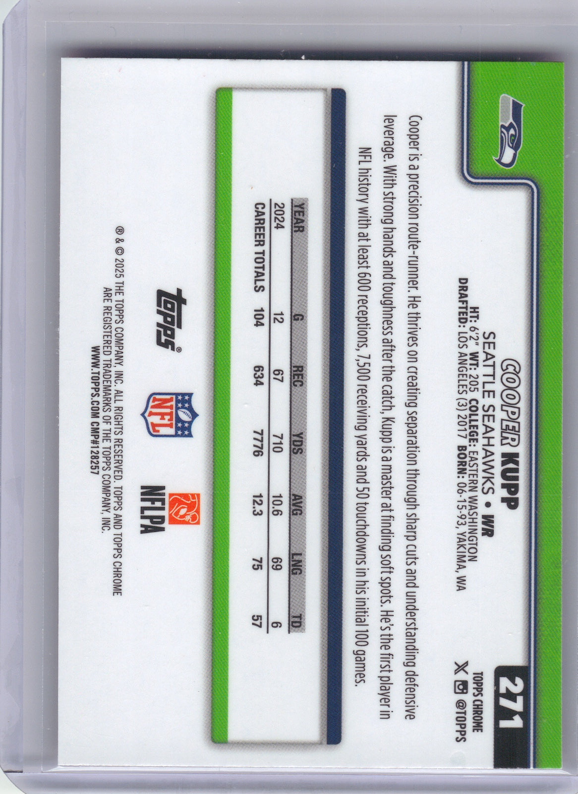 Cooper Kupp Seattle Seahawks 2025 Topps Chrome - Hot Pink X-Fractor #271 (Back)