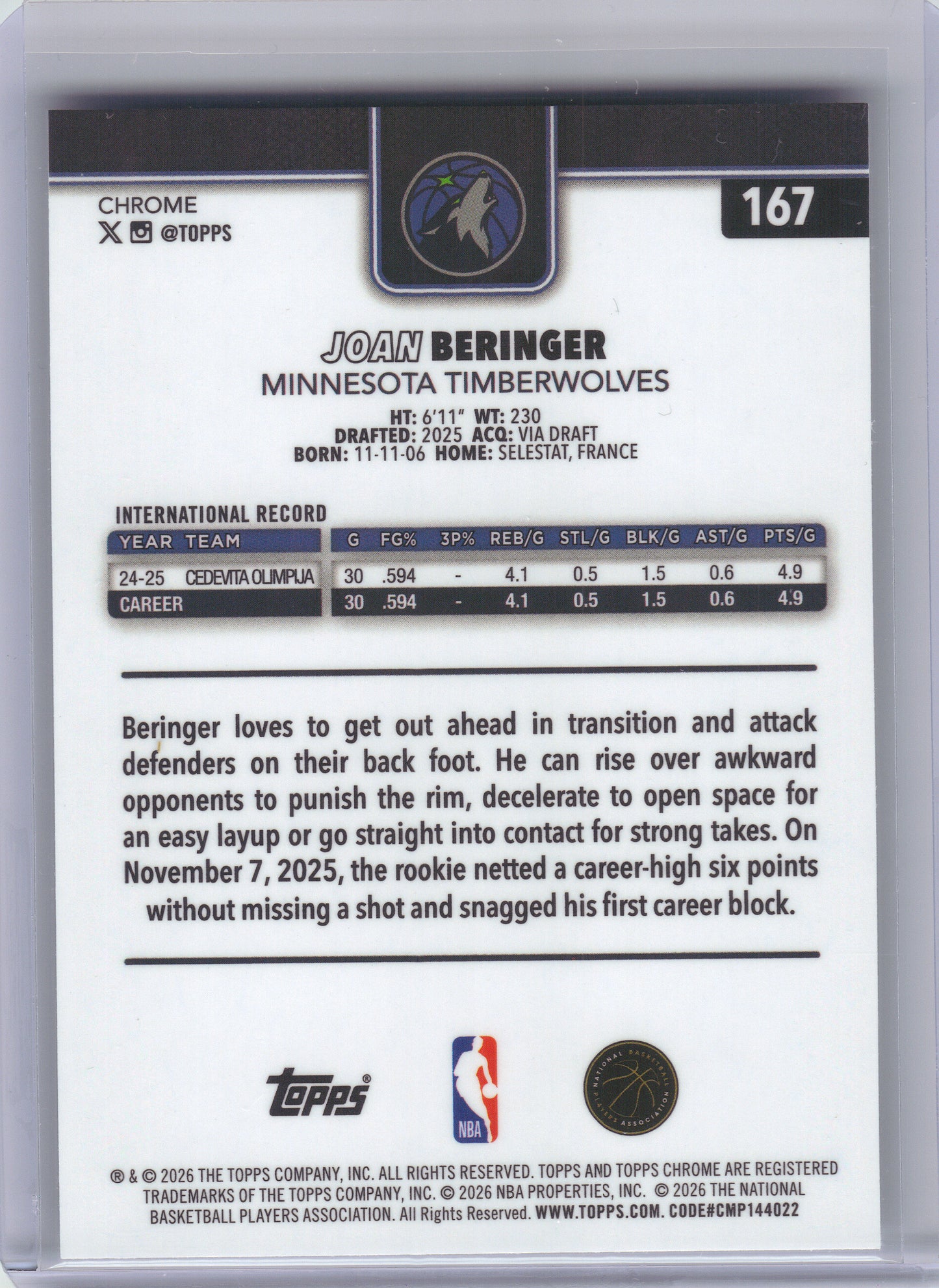 2025-26 Topps Chrome Update #167 Joan Beringer Minnesota Timberwolves RC