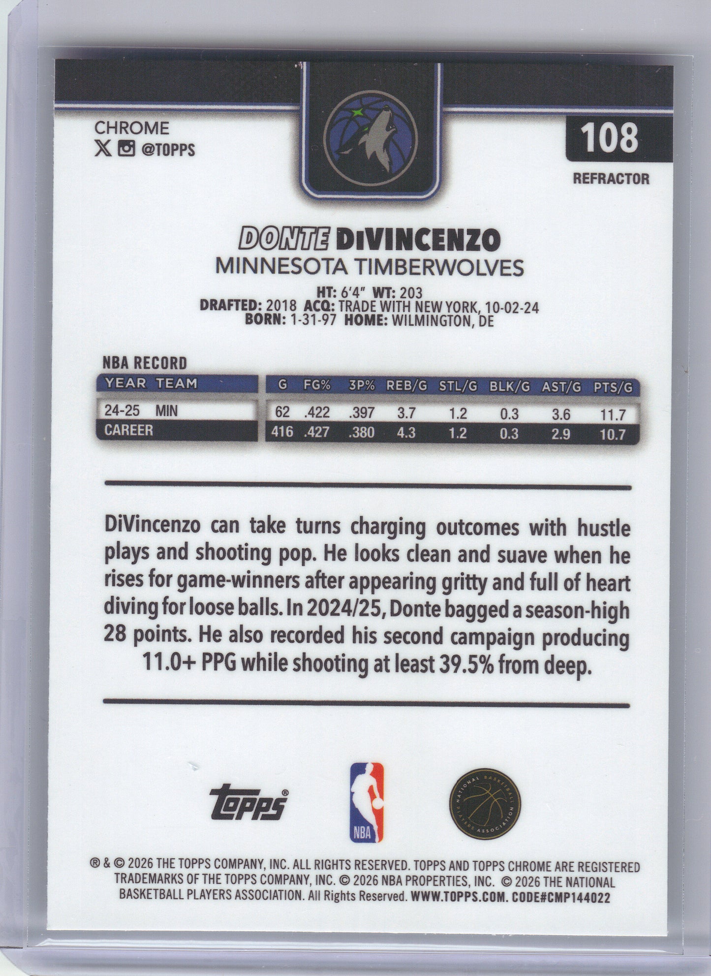 2025-26 Topps Chrome Update #108 Donte DiVincenzo Refractor Minnesota Timberwolves