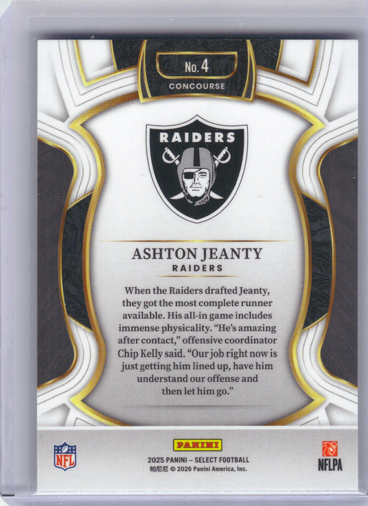 Ashton Jeanty Las Vegas Raiders 2025 Panini Select #4 RC (Back)