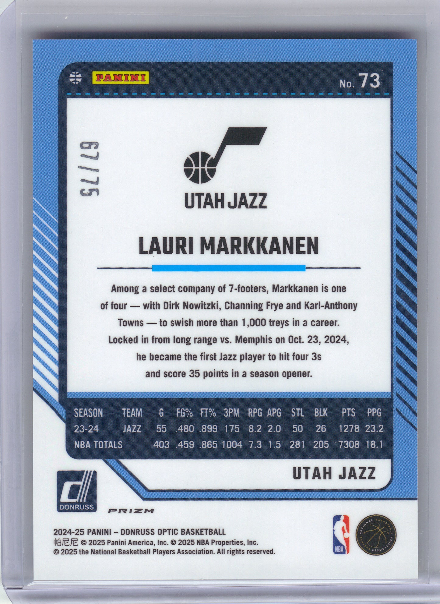 2024-25 Donruss Optic #73 Lauri Markkanen Electricity International #/75 Utah Jazz SN