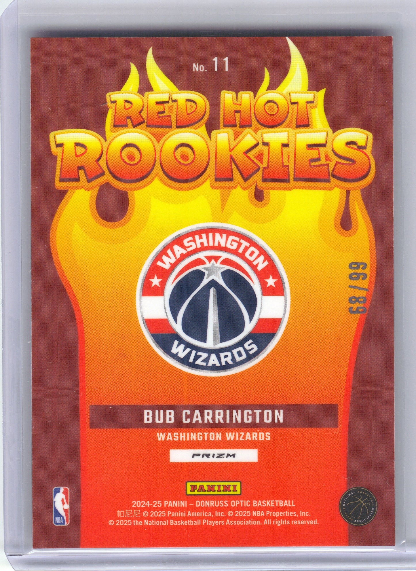 2024-25 Donruss Optic #11 Bub Carrington Red Hot Rookies Red and Gold International #/99 Washington Wizards SN