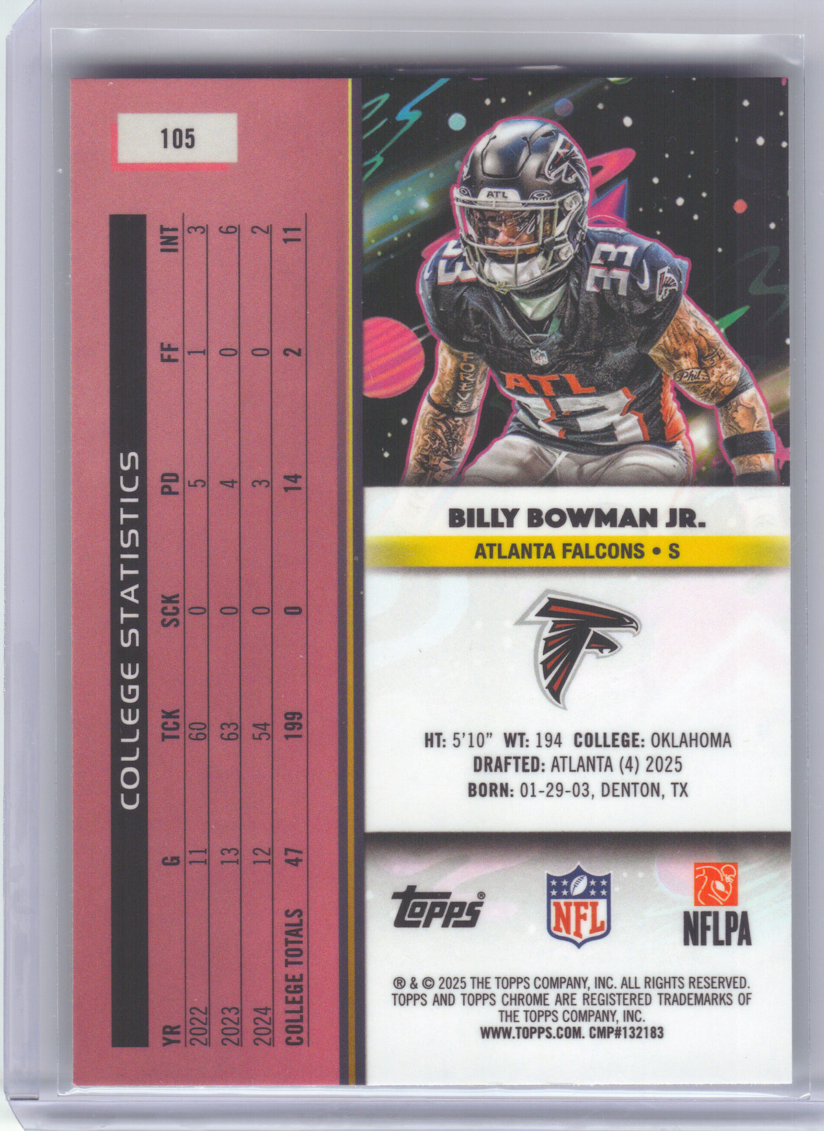 2025 Topps Chrome Cosmic #105 Billy Bowman Jr. Atlanta Falcons RC
