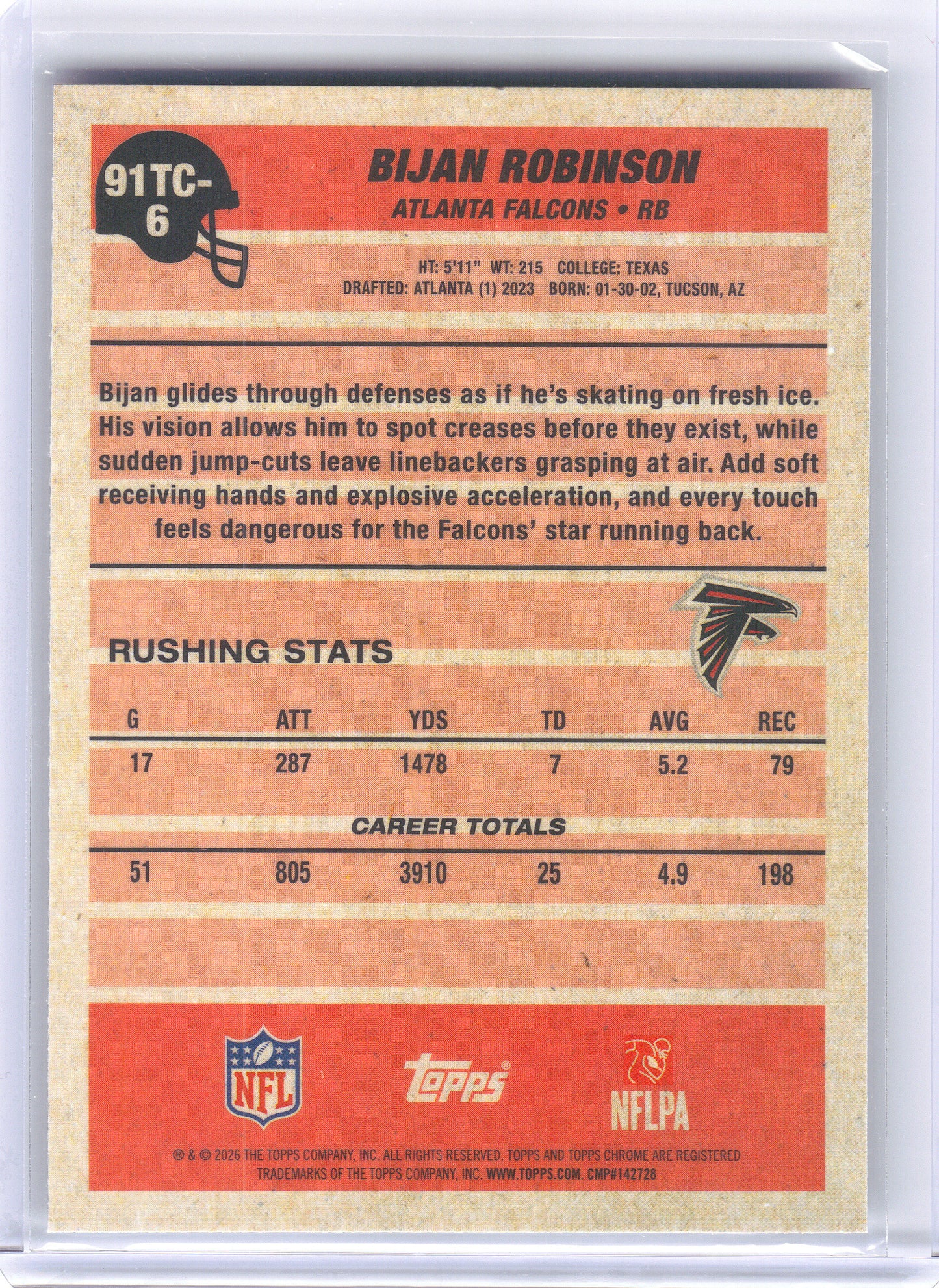 2026 Topps Flagship #91TC-6 Bijan Robinson 1991 Topps Football Chrome Atlanta Falcons