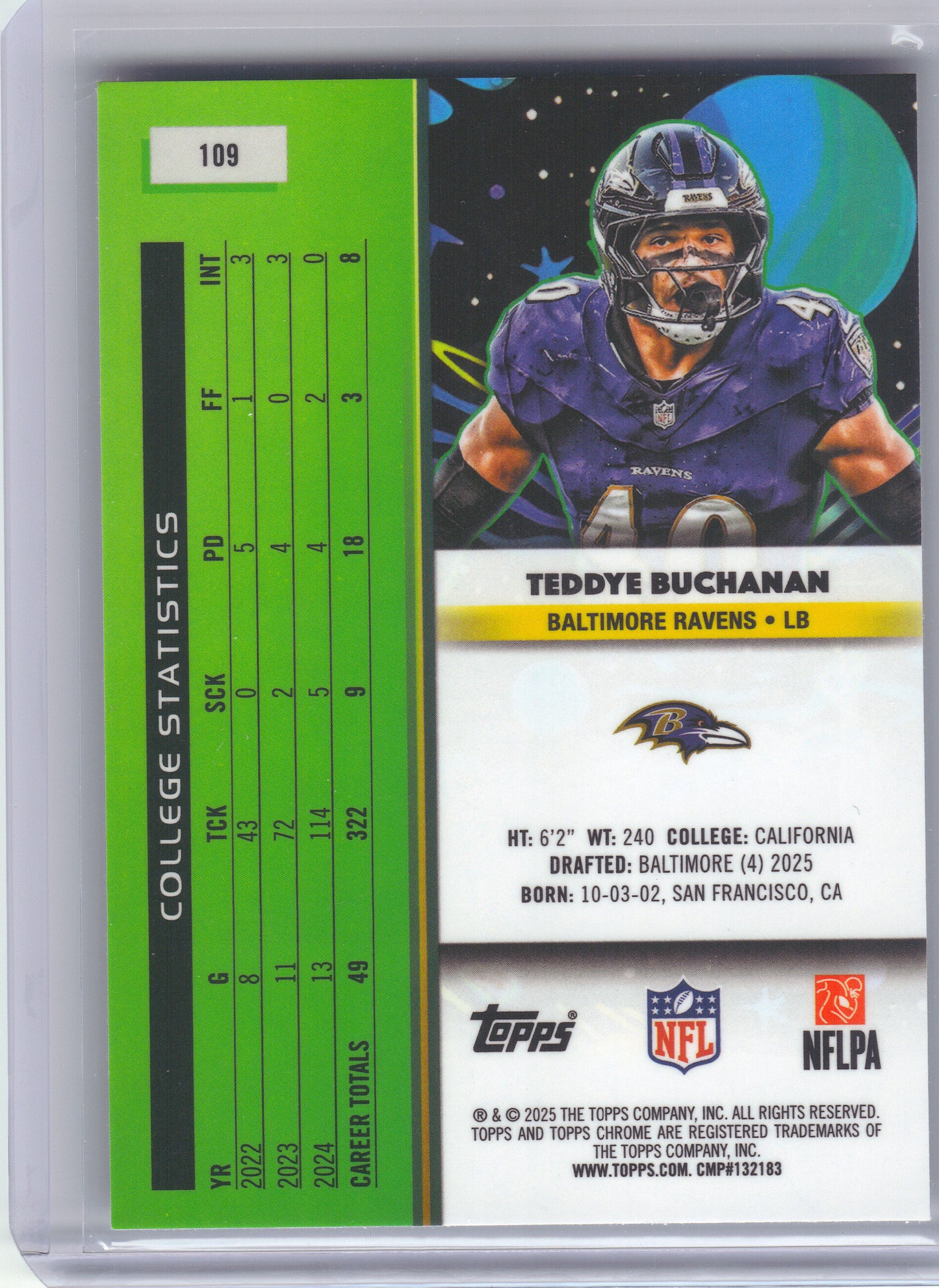 2025 Topps Chrome Cosmic #109 Teddye Buchanan Baltimore Ravens RC