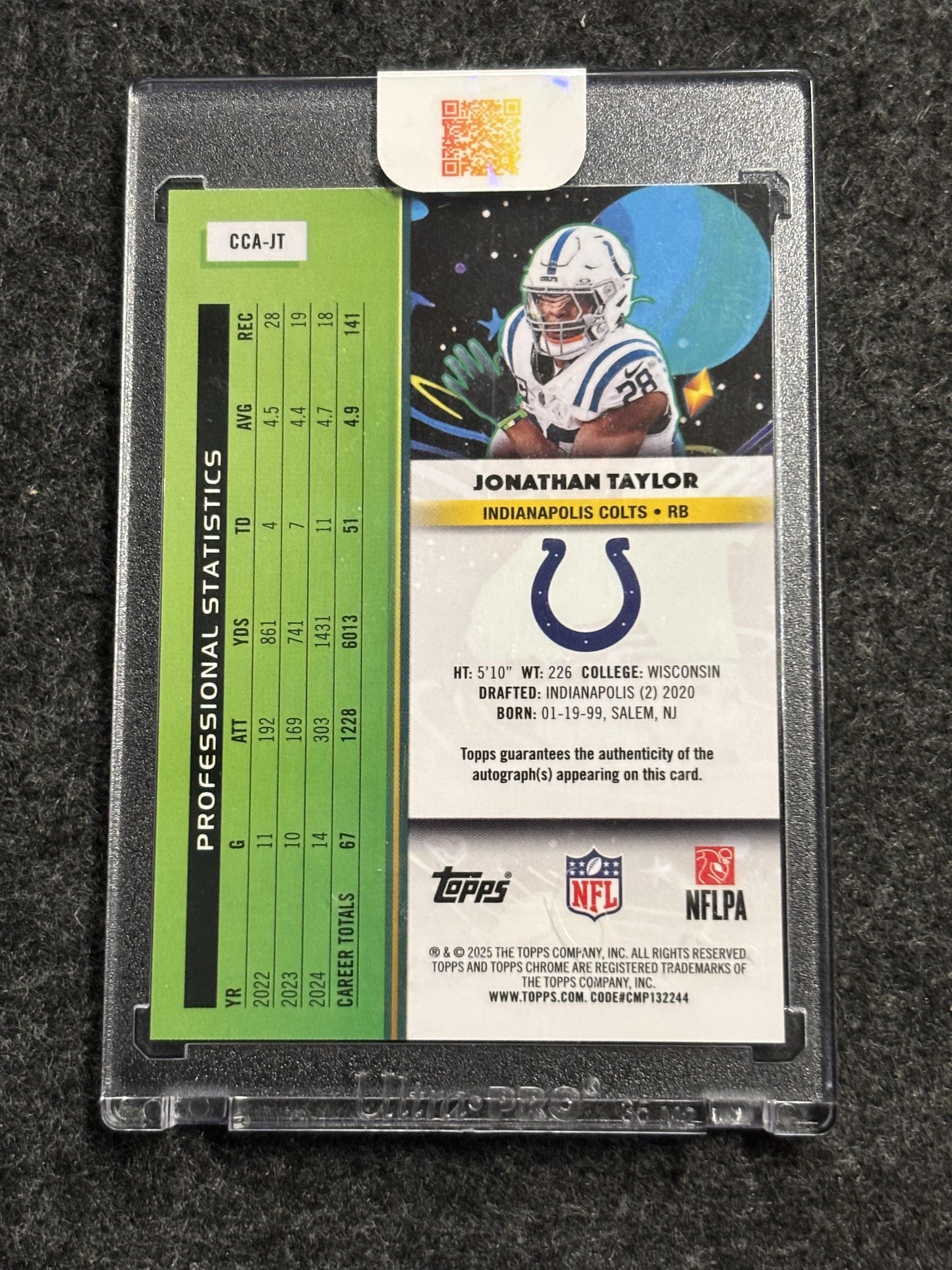 2025 Topps Chrome Cosmic #CCA-JT Jonathan Taylor Cosmic Chrome Autographs Orange Galactic Refractor #/25 Indianapolis Colts SN, AU