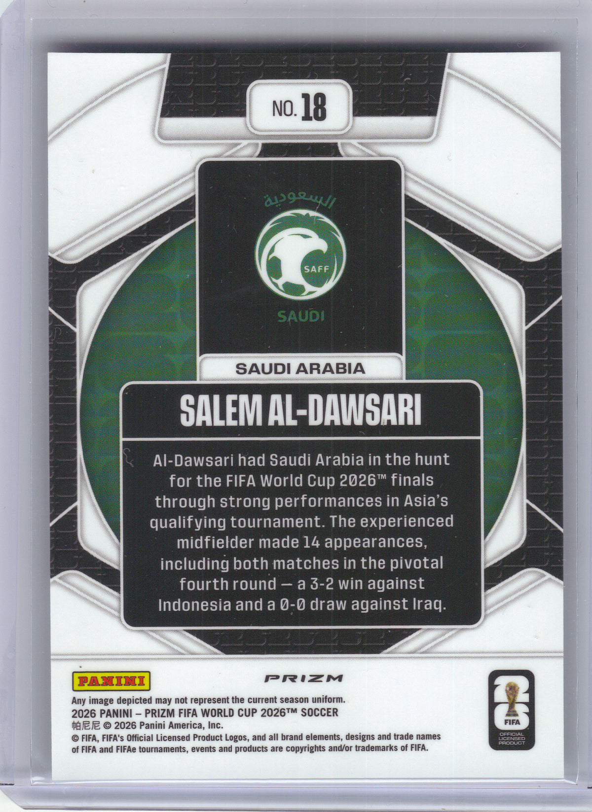 2026 Panini Prizm FIFA World Cup #18 Salem Al-Dawsari Trophy Hunting Silver Prizms Saudi Arabia
