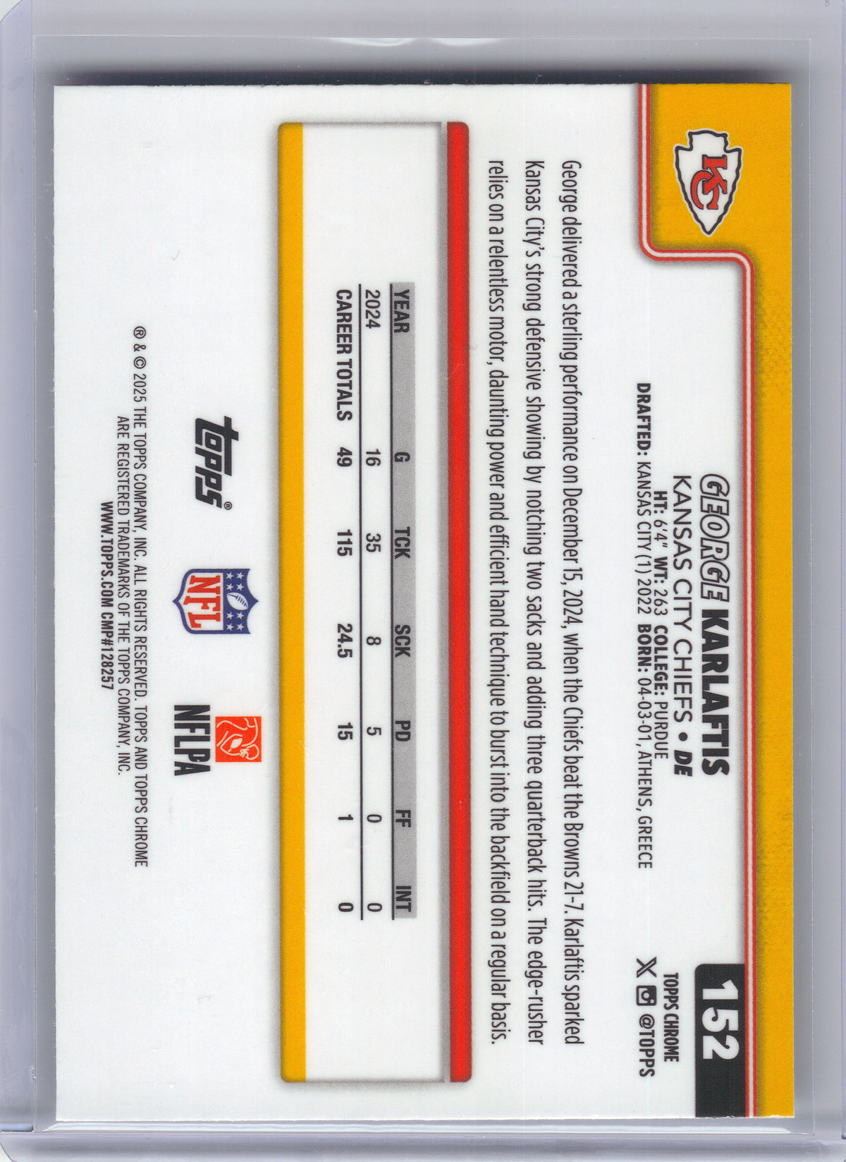 2025 Topps Chrome #152 George Karlaftis X-Fractor Kansas City Chiefs
