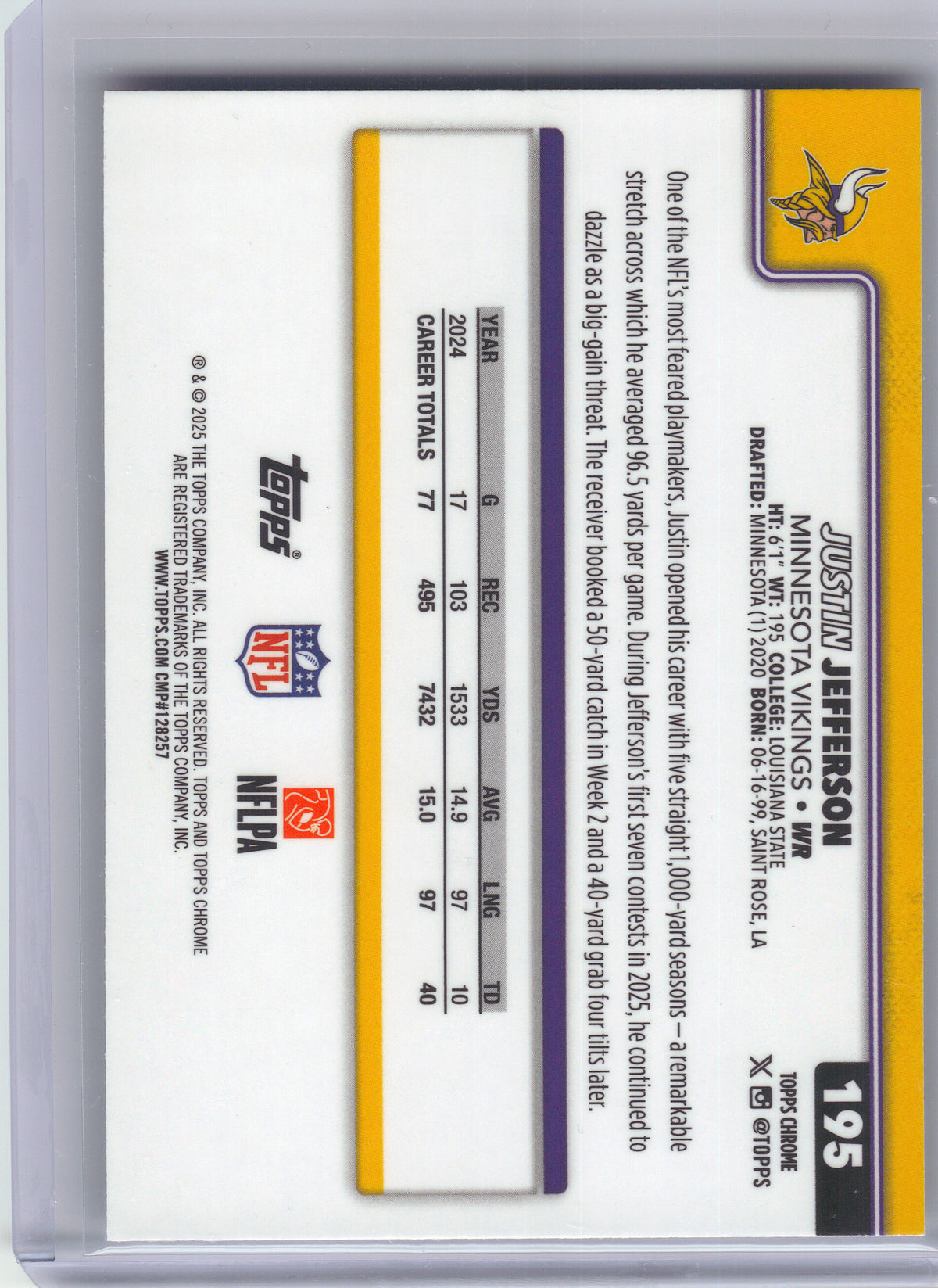 2025 Topps Chrome #195 Justin Jefferson X-Fractor Minnesota Vikings