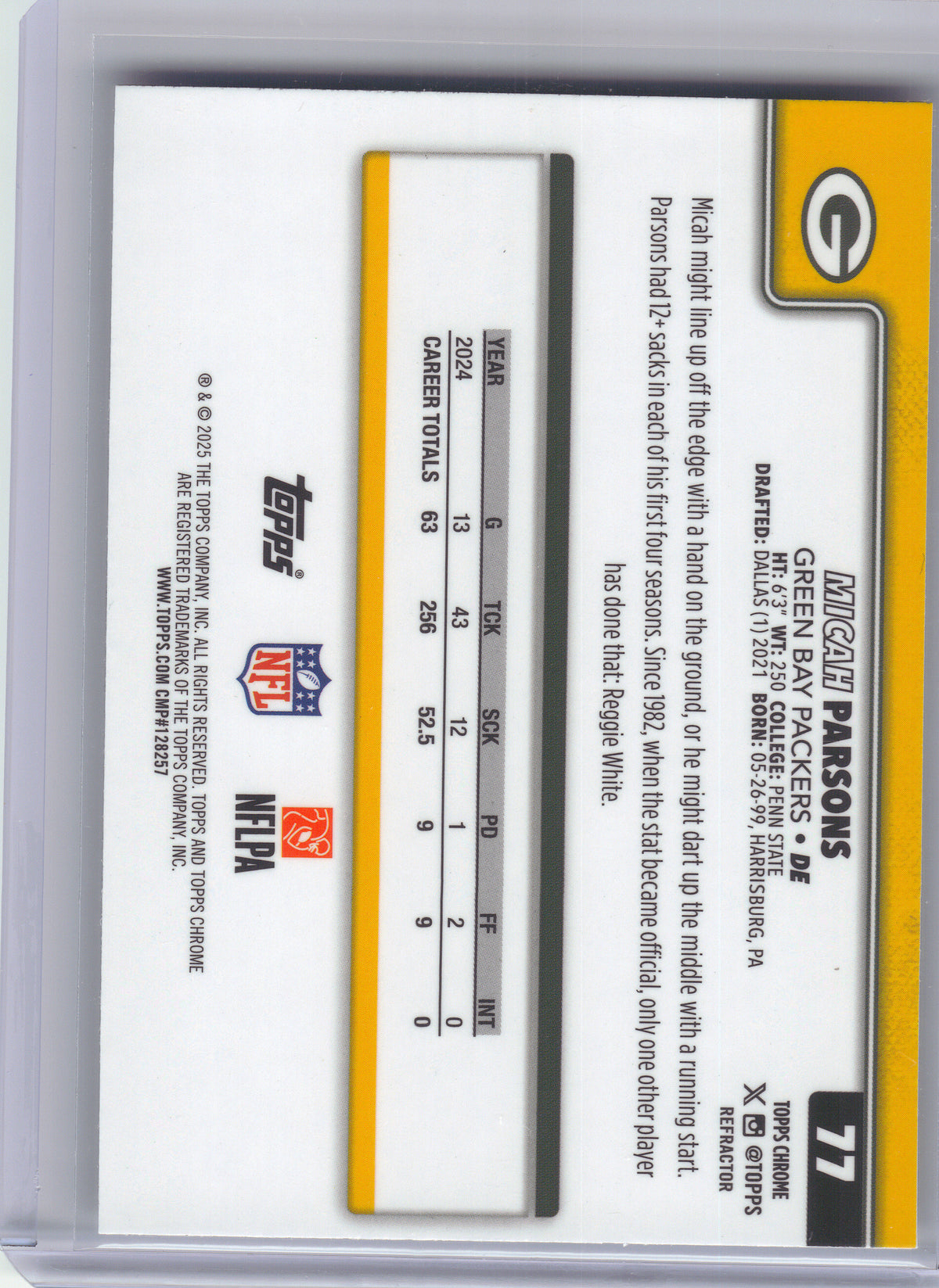 2025 Topps Chrome #77 Micah Parsons Refractor Green Bay Packers