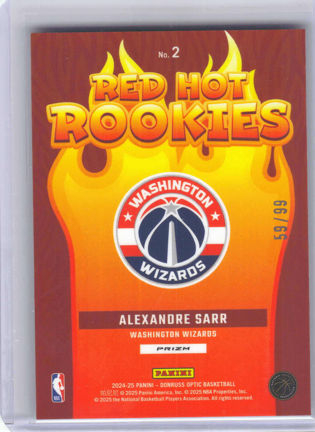 2024-25 Donruss Optic #2 Alexandre Sarr Red Hot Rookies Red and Gold International #/99 Washington Wizards SN