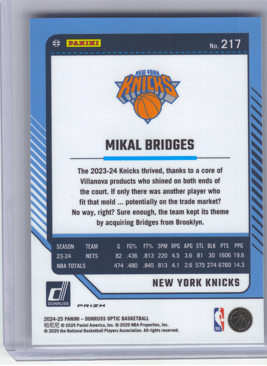 2024-25 Donruss Optic #217 Mikal Bridges Holo New York Knicks