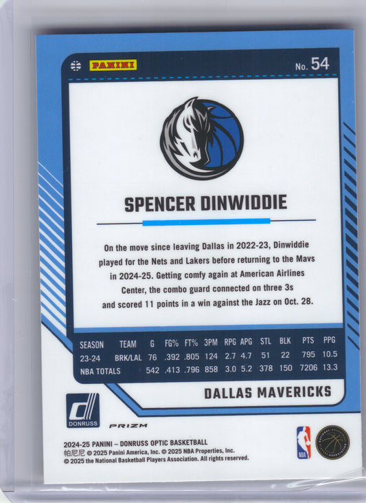 2024-25 Donruss Optic #54 Spencer Dinwiddie Red International Dallas Mavericks
