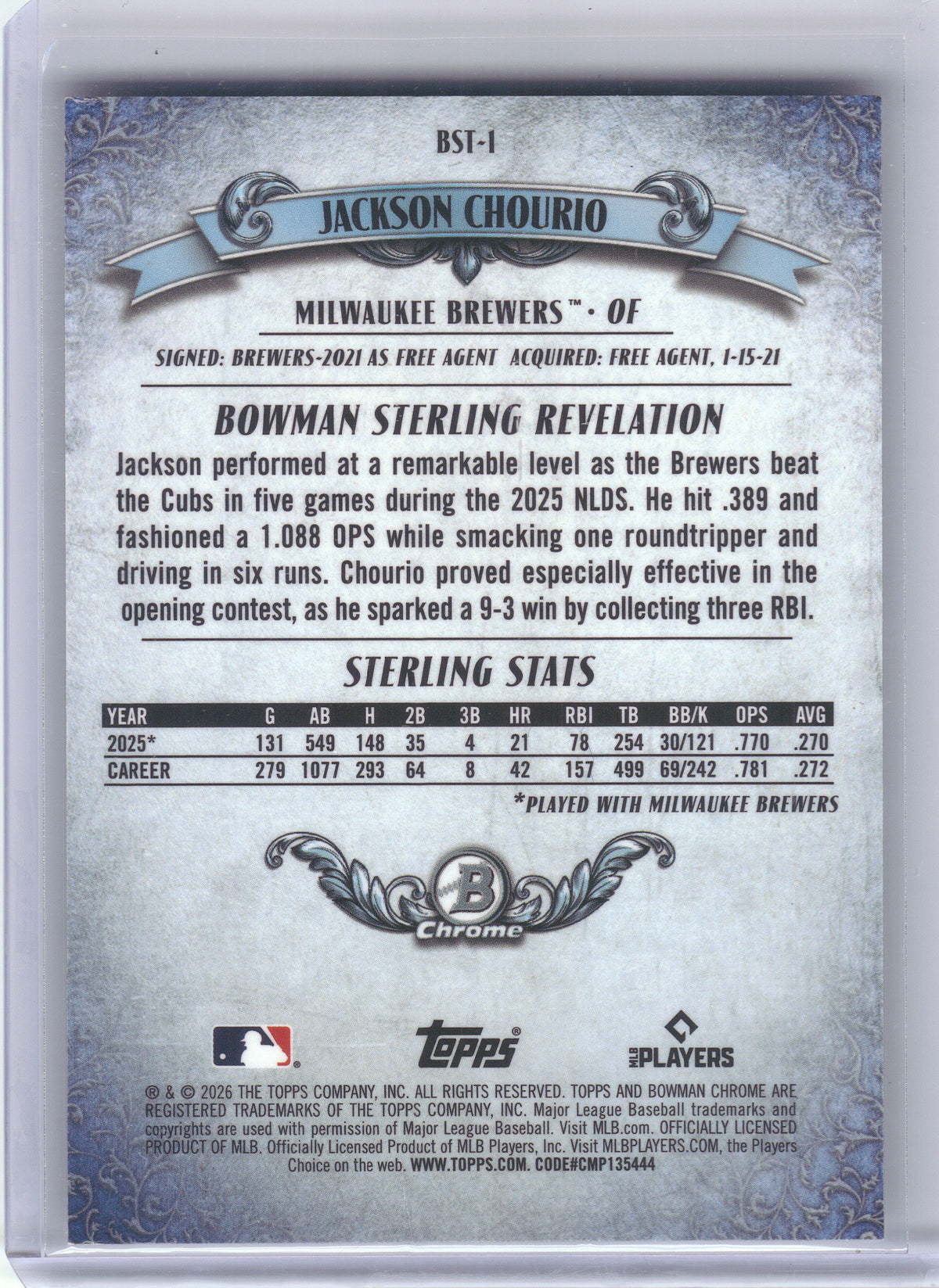 2026 Bowman #BST-1 Jackson Chourio Bowman Sterling Mini Diamond Refractors #/150 Milwaukee Brewers SN