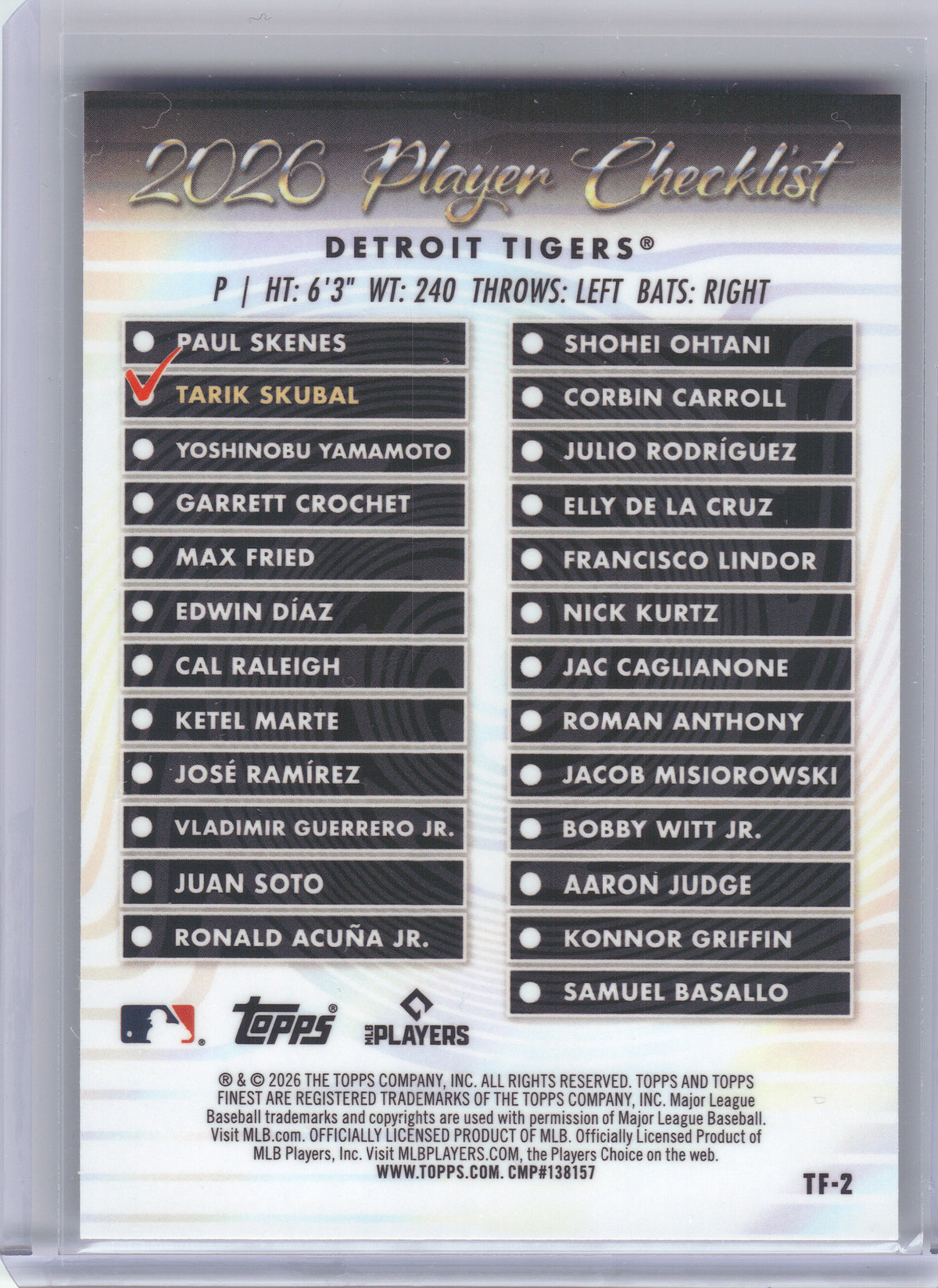 2026 Finest #TF-2 Tarik Skubal Topps Team Finest Detroit Tigers