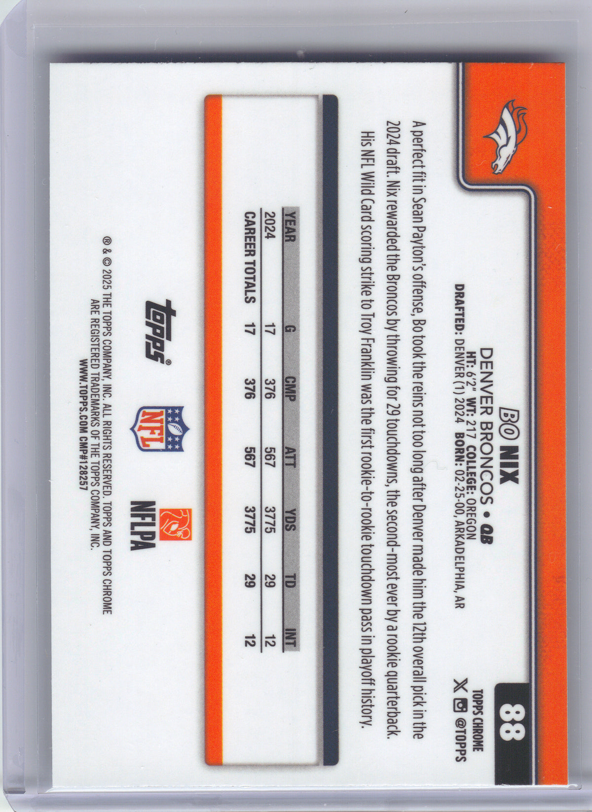 2025 Topps Chrome #88 Bo Nix Ray Wave Refractor Denver Broncos