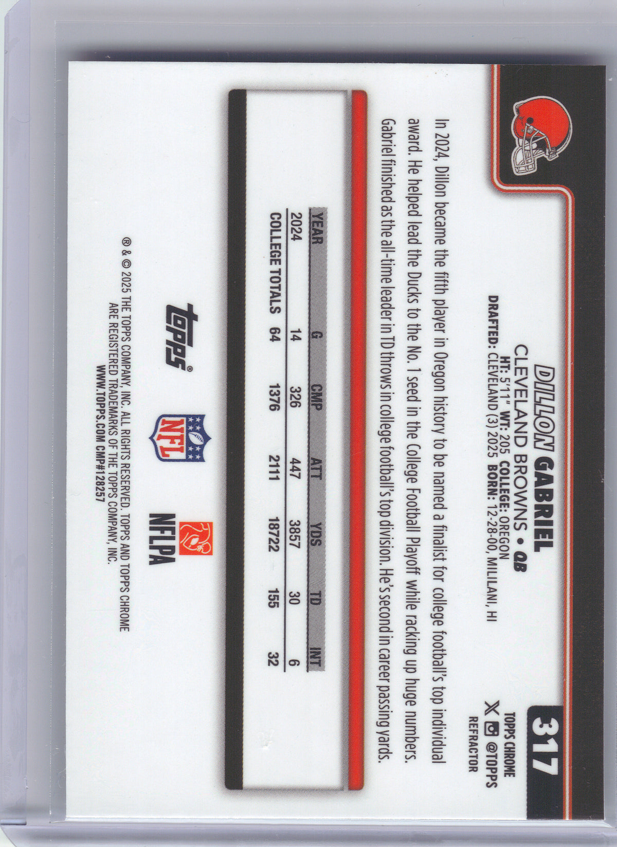 2025 Topps Chrome #317 Dillon Gabriel Refractor Cleveland Browns RC