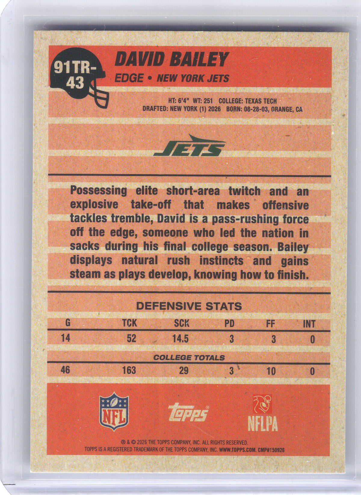 2026 Topps Flagship #91TR-43 David Bailey 1991 Topps Football Rookies New York Jets