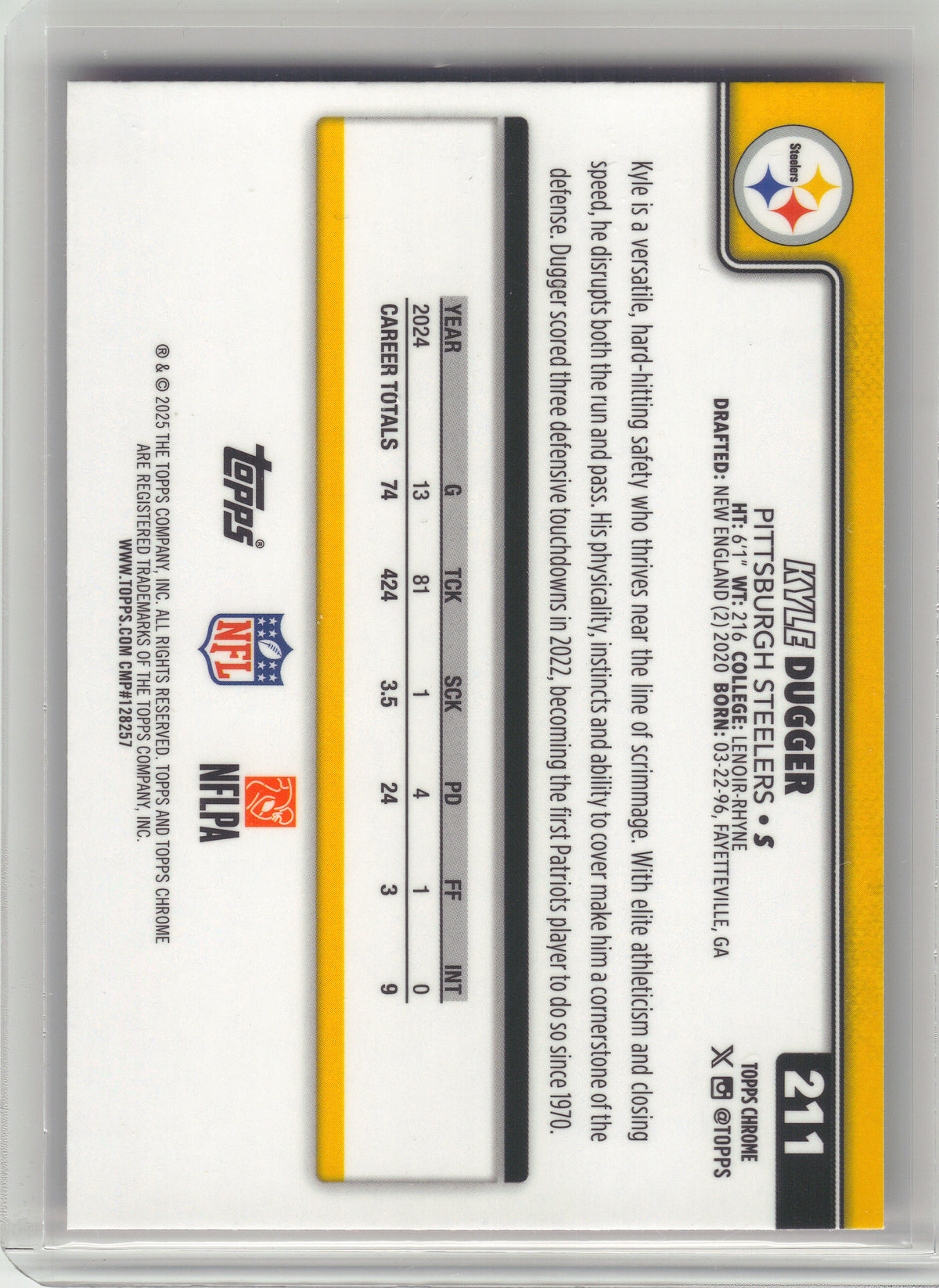 2025 Topps Chrome #211 Kyle Dugger Hot Pink X-Fractor Pittsburgh Steelers
