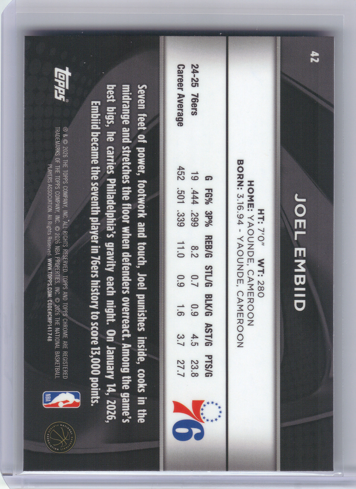 2025-26 Topps Chrome Black #42 Joel Embiid Philadelphia 76ers