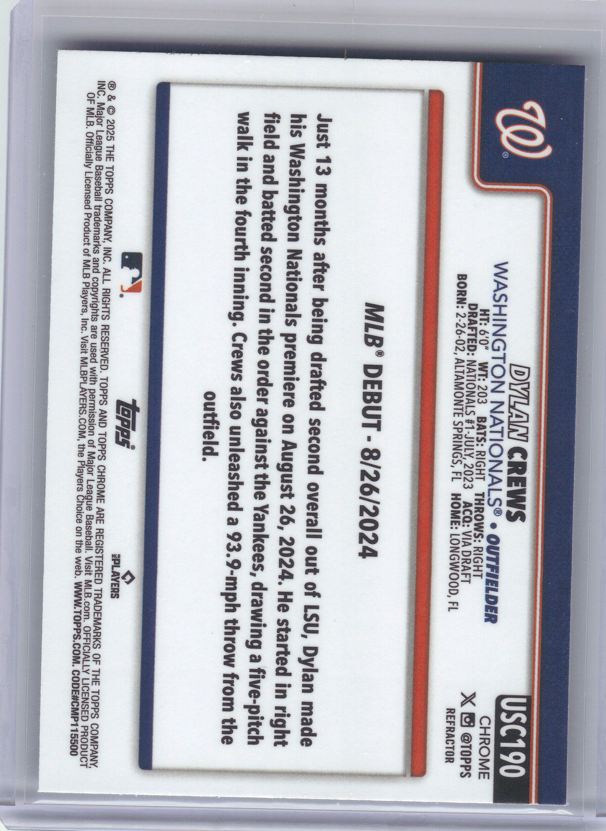 2025 Topps Chrome Update #USC190 Dylan Crews Refractor Washington Nationals