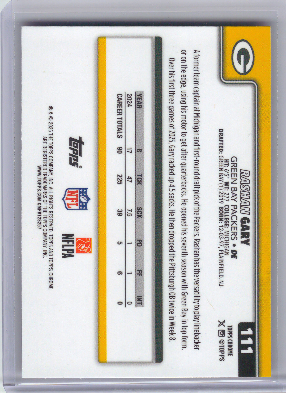 2025 Topps Chrome #111 Rashan Gary Hot Pink X-Fractor Green Bay Packers