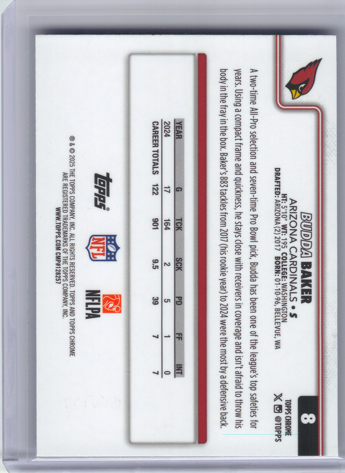 2025 Topps Chrome #8 Budda Baker Blue Refractor #/150 Arizona Cardinals SN