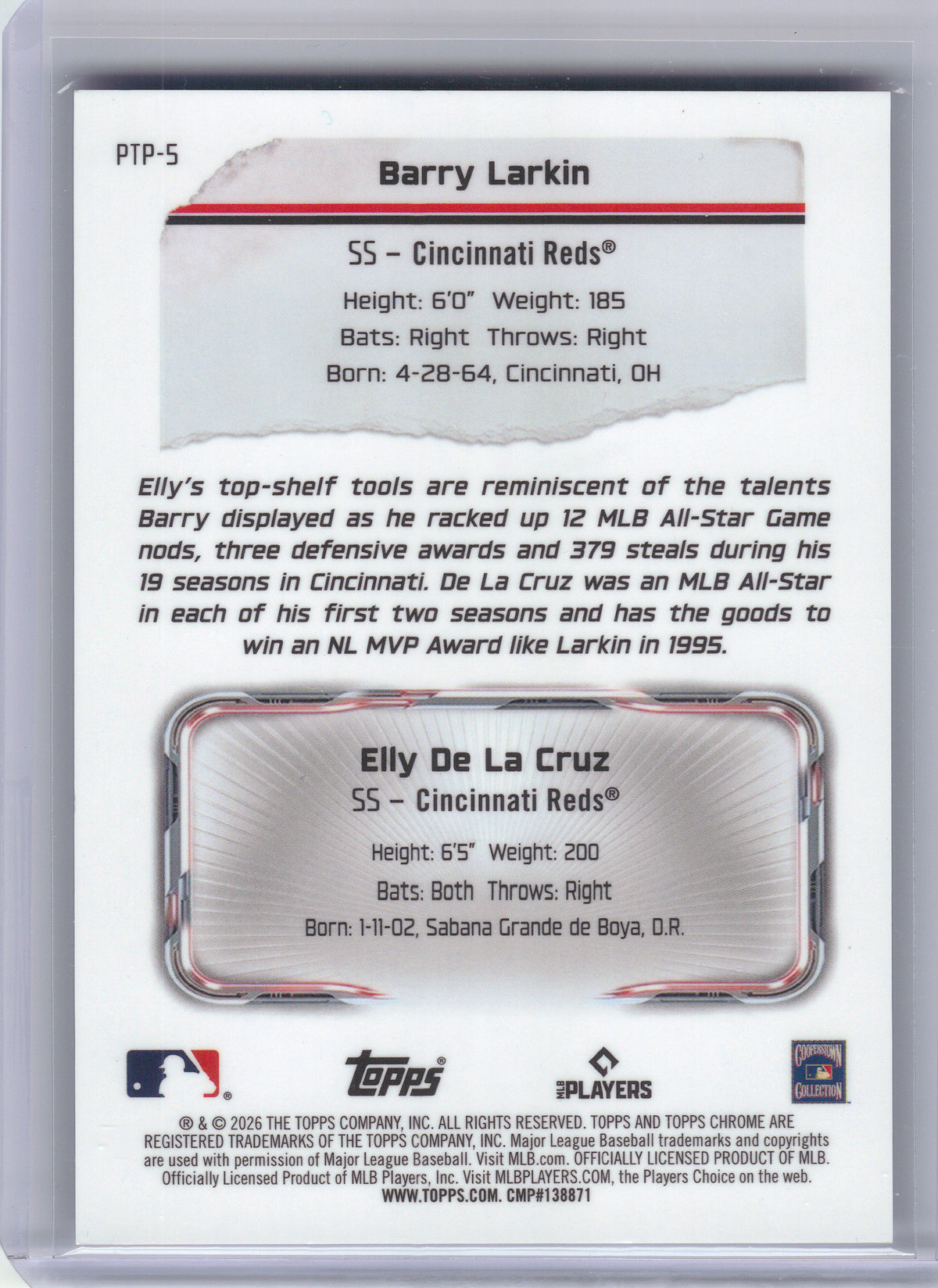 2026 Topps Chrome #PTP-5 Barry Larkin / Elly De La Cruz Past to Present Purple Refractor #/75 Cincinnati Reds SN