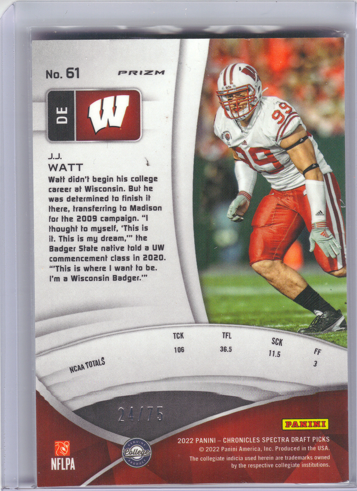 2022 Panini Chronicles Draft Picks #61 J.J. Watt Spectra Neon Pink #/75 Wisconsin Badgers SN