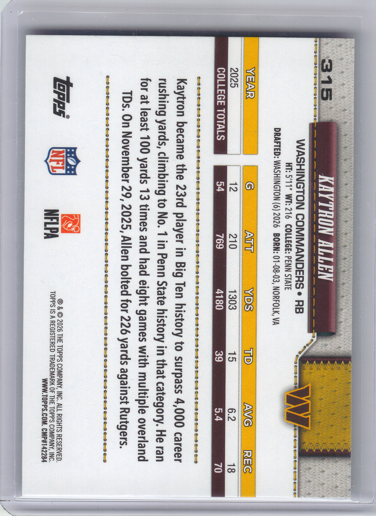 2026 Topps Flagship #315 Kaytron Allen Holo Foil Washington Commanders