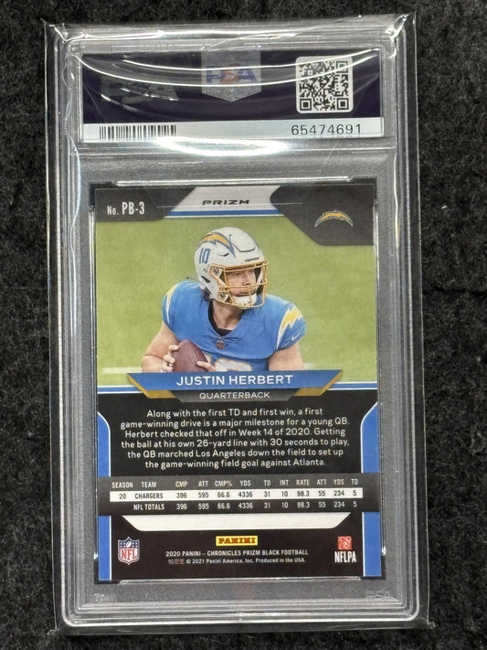 2020 Panini Chronicles Prizm Black #PB3 Justin Herbert Prizm Black-Silver PSA 10 Los Angeles Chargers