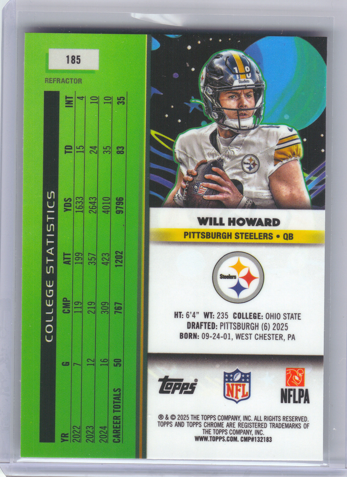 2025 Topps Chrome Cosmic #185 Will Howard Refractor Pittsburgh Steelers RC
