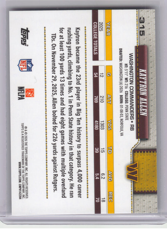 2026 Topps Flagship #315 Kaytron Allen Rainbow Foil Washington Commanders