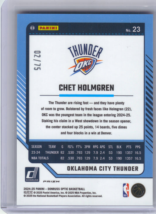 2024-25 Donruss Optic #23 Chet Holmgren Electricity International #/75 Oklahoma City Thunder SN