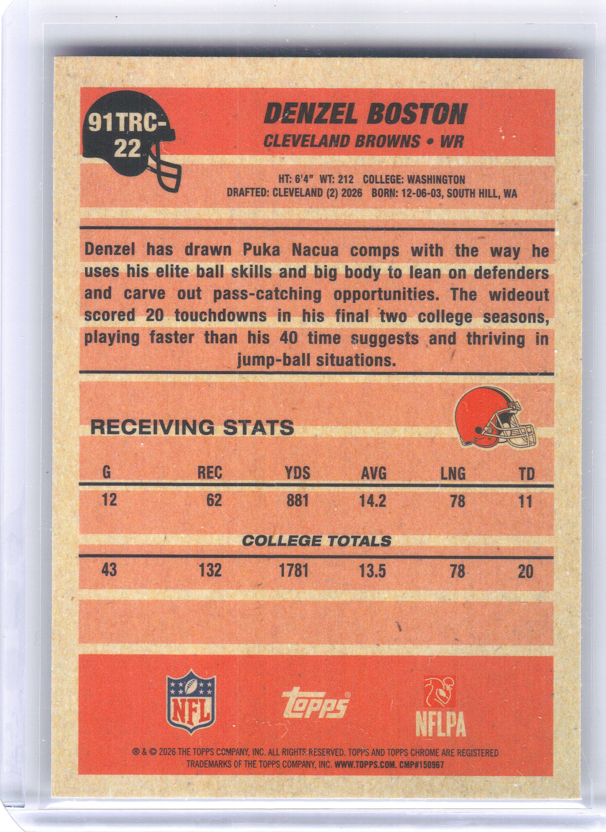 2026 Topps Flagship #91TRC-22 Denzel Boston 1991 Topps Football 35th Anniversary Rookies Chrome Cleveland Browns