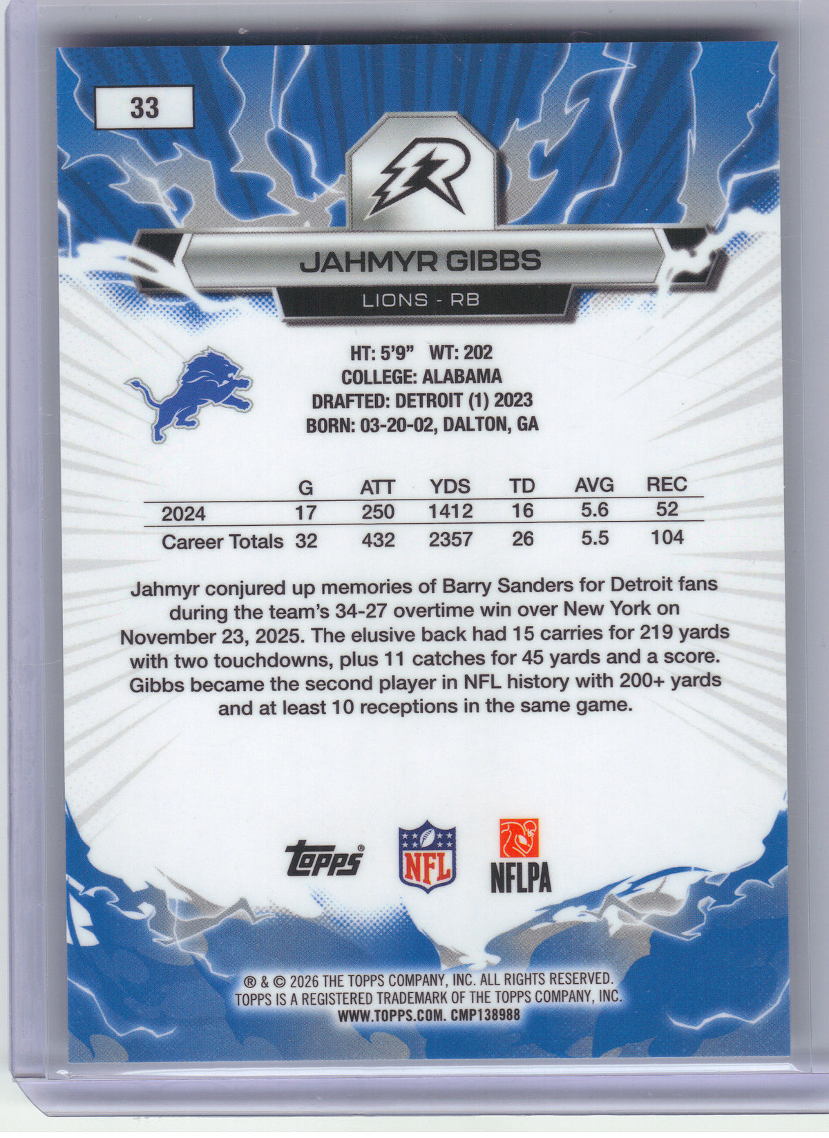 2025 Topps Resurgence #33 Jahmyr Gibbs High Voltage Refractor SSP Detroit Lions