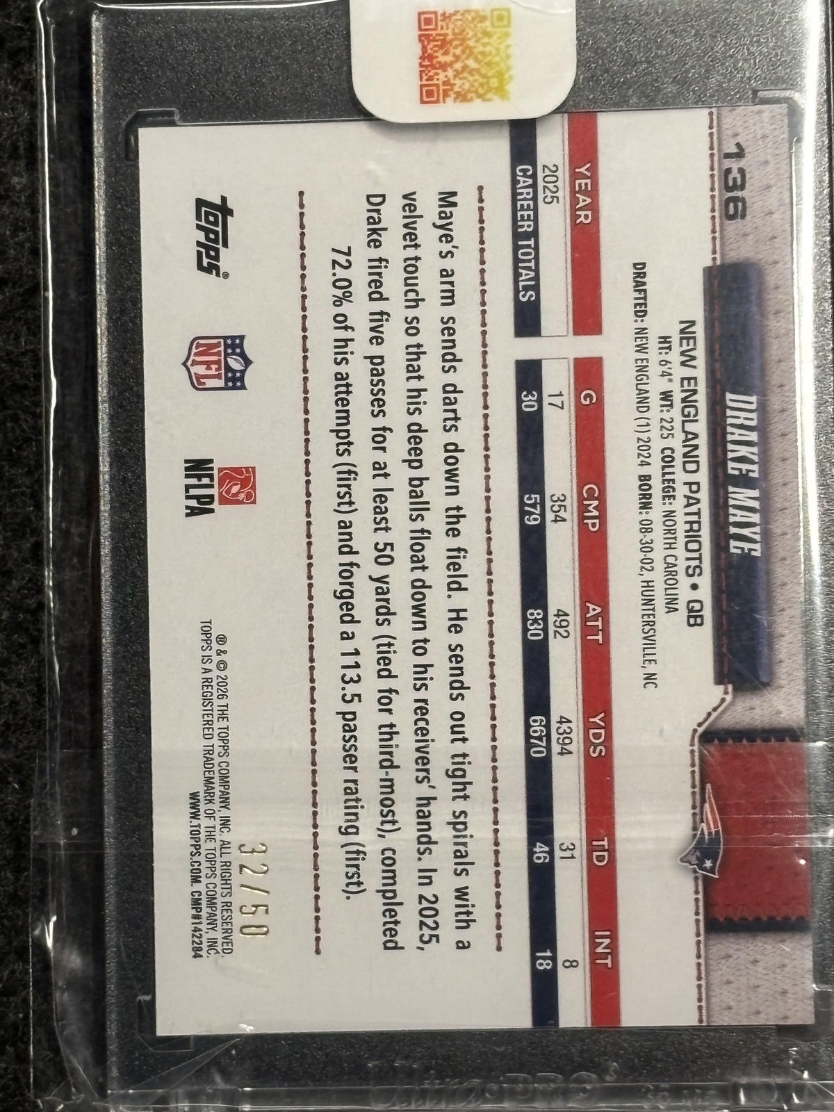 2026 Topps Flagship #136 Drake Maye Canvas #/50 New England Patriots SN