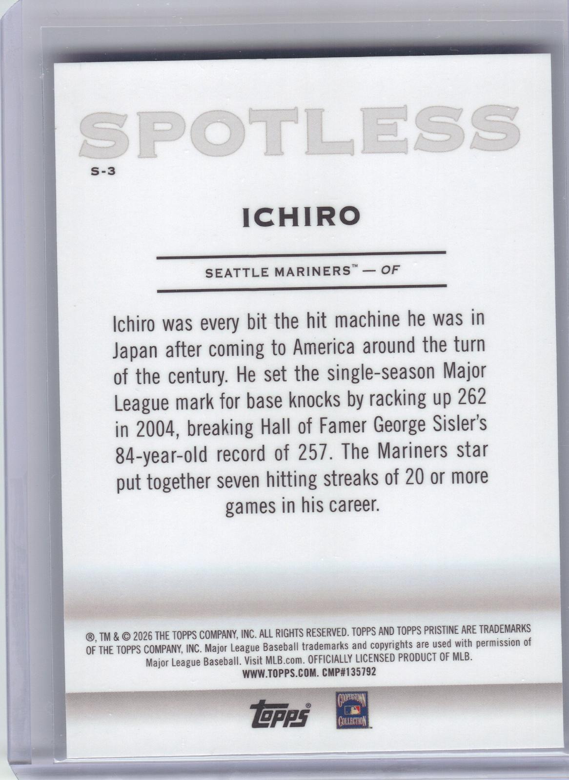 2026 Topps Pristine #S-3 Ichiro Spotless Seattle Mariners