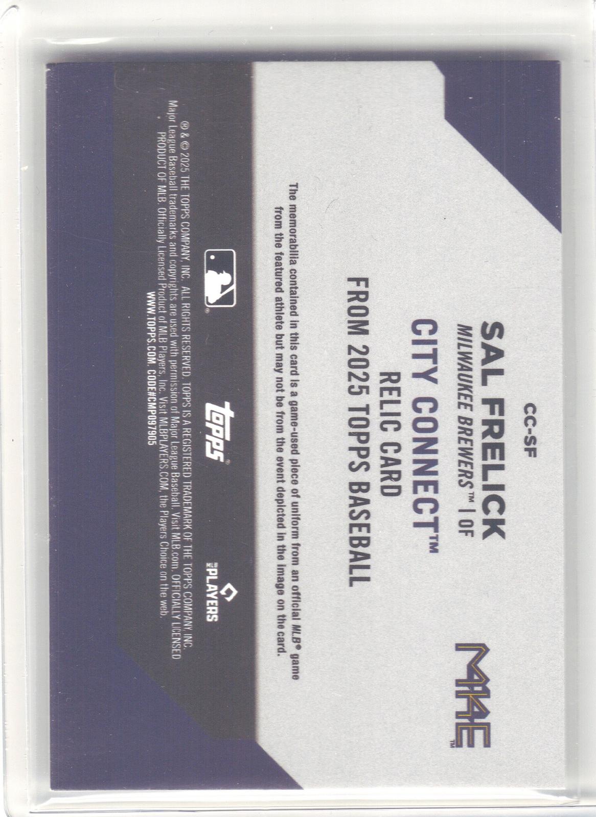 2025 Topps #CC-SF Sal Frelick City Connect Swatch Relics (Series One) Milwaukee Brewers MEM