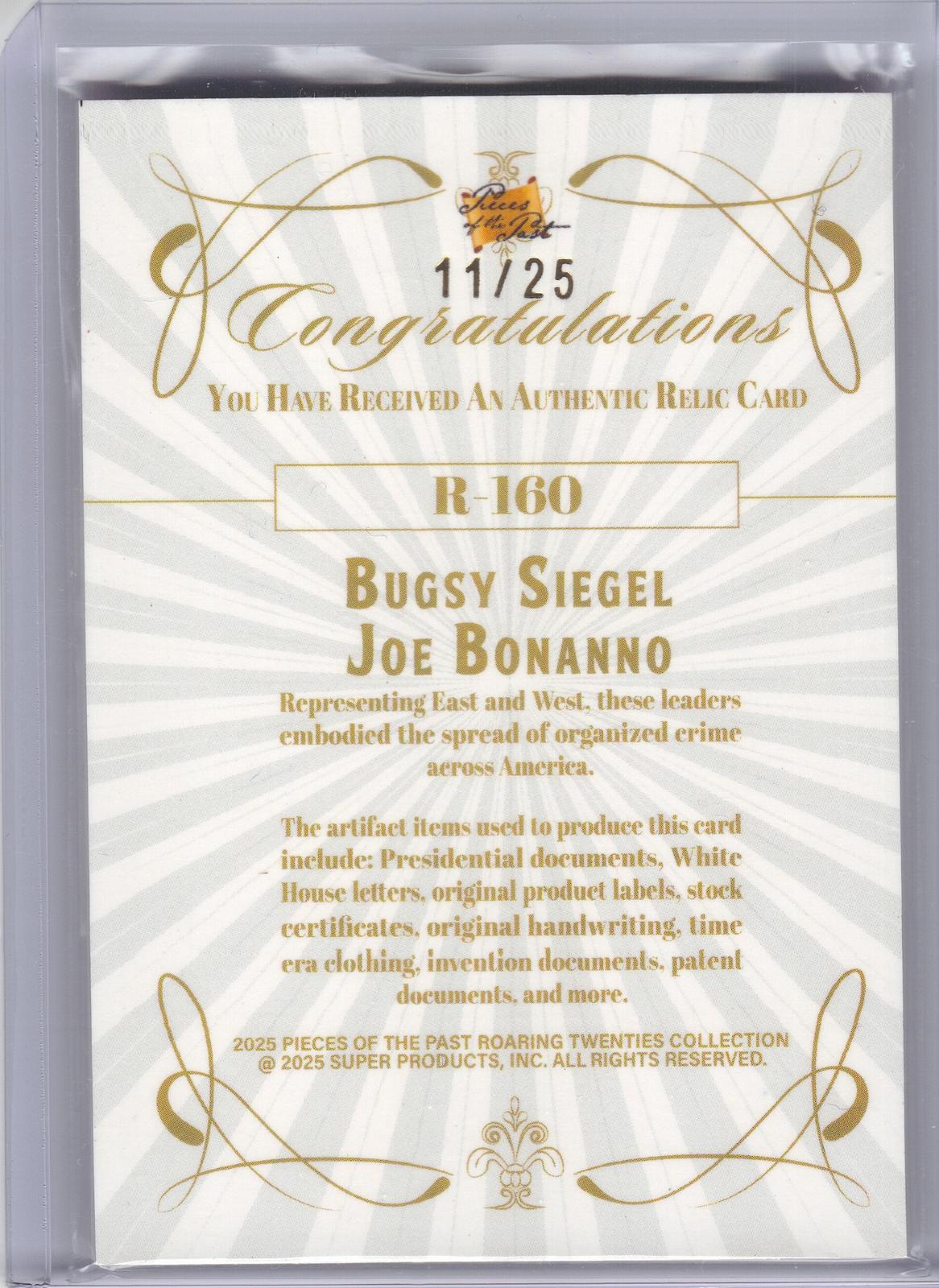 2025 Pieces of the past roaring twenties #R-160 Bugsy Siegel / Joe Bonanno Red #'d/25