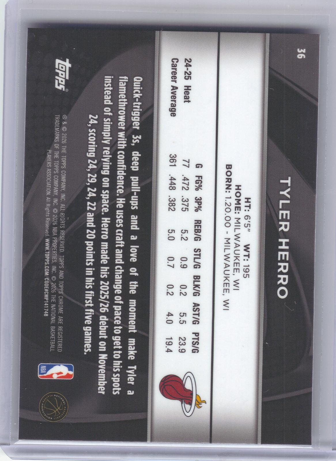 2025-26 Topps Chrome Black #36 Tyler Herro Miami Heat
