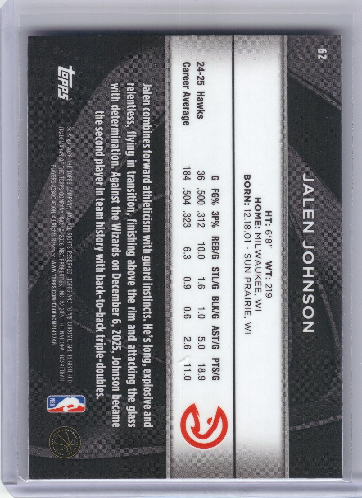 2025-26 Topps Chrome Black #62 Jalen Johnson Atlanta Hawks