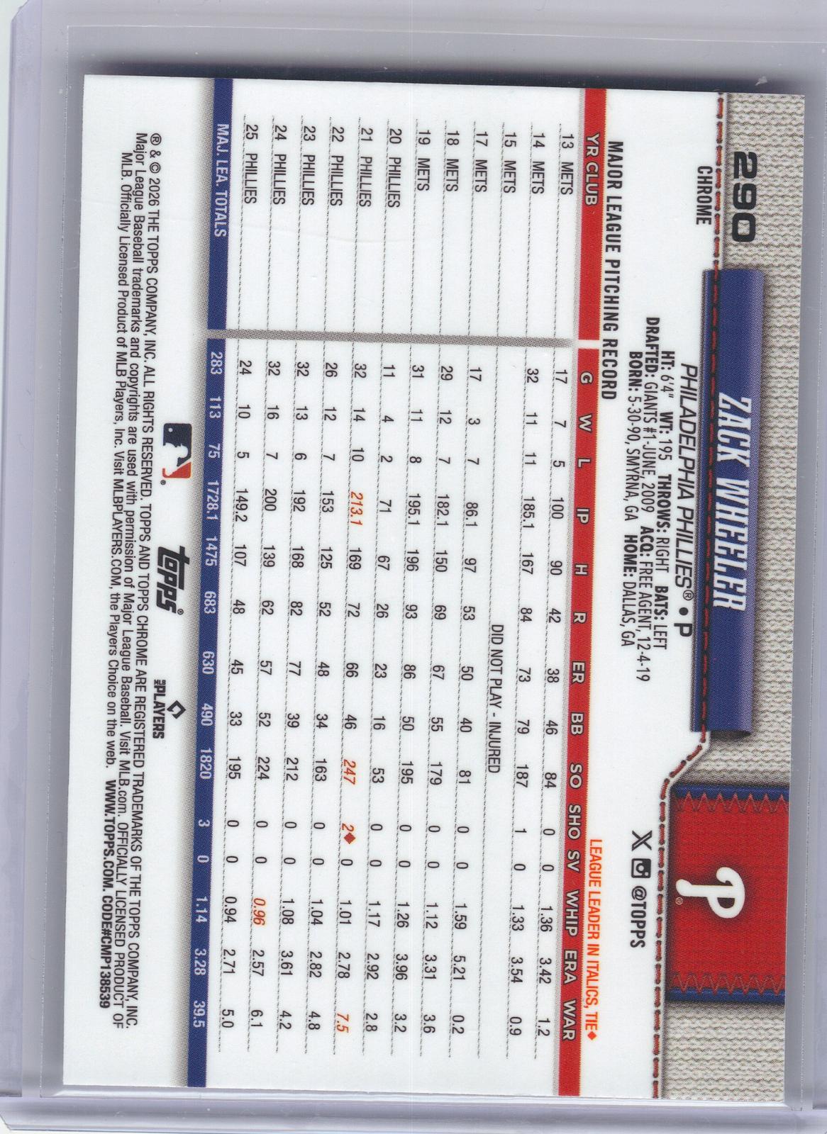 2026 Topps Chrome Logofractor Edition #290 Zack Wheeler Philadelphia Phillies